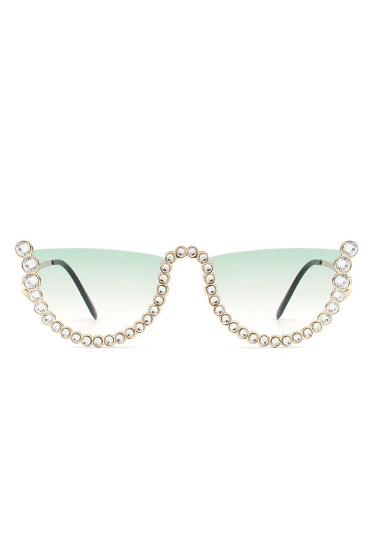 Half Frame Rhinestone Round Fashion Sunglasses