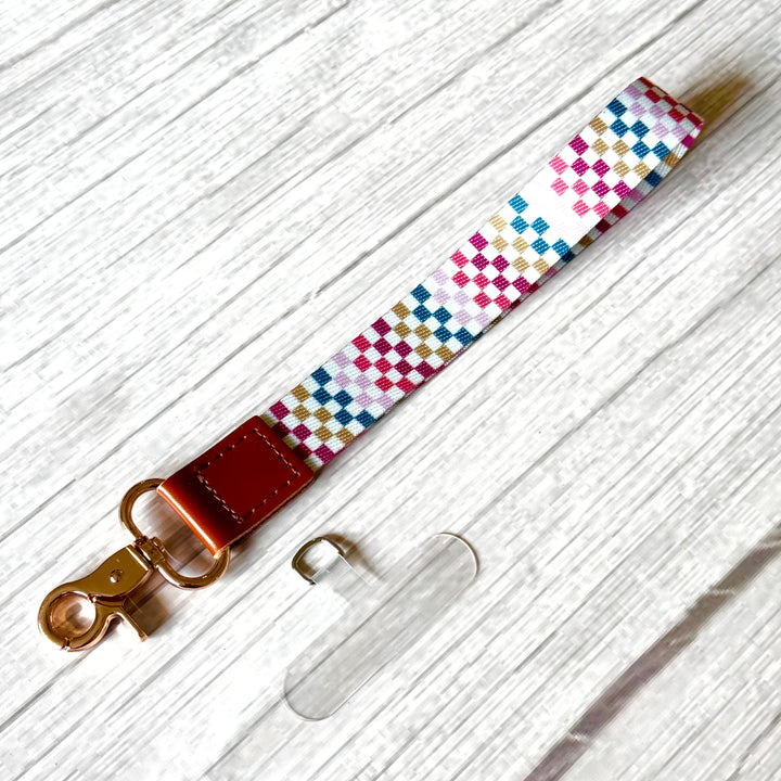 Phone Wrist Strap Keychain with Tether Tab - COLORED CHECKERS