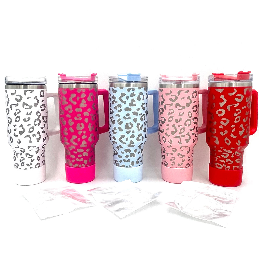 40oz Bundle Cheetah Leopard Laser Etched Stainless Tumbler with Rubber Bumper Straw cover and Spill Proof Stopper