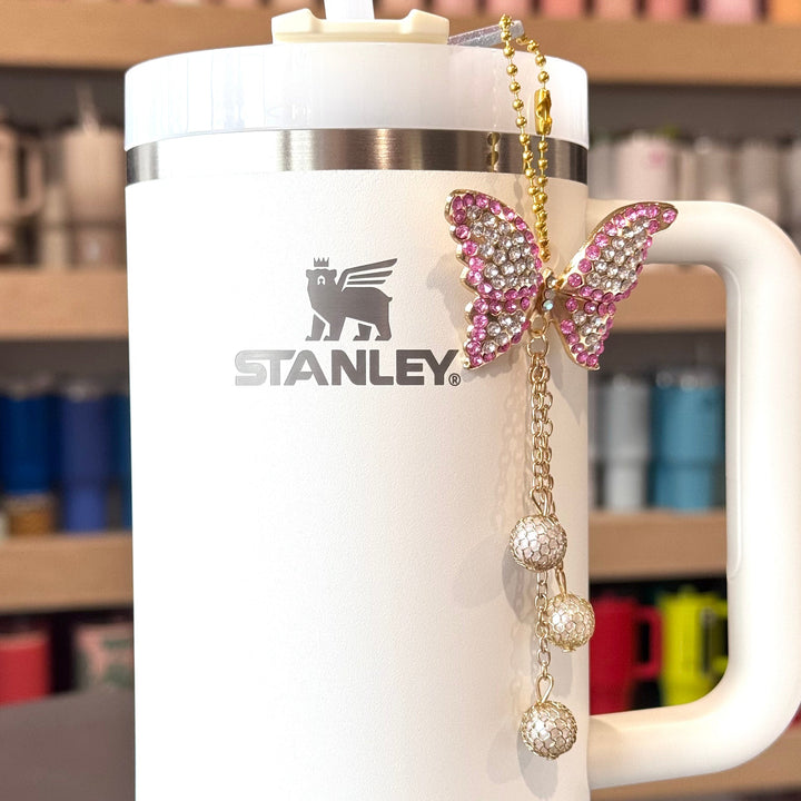 Pink Butterfly & Pearls Charm - Tumbler Handle Charm
