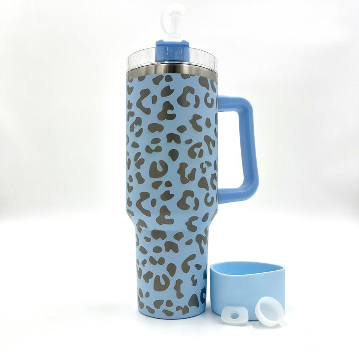 40oz Bundle Cheetah Leopard Laser Etched Stainless Tumbler with Rubber Bumper Straw cover and Spill Proof Stopper