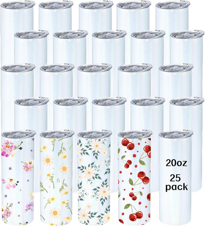 Sublimation 25 Pack 20oz Blank Glitter Holographic Straight Stainless Steel Tumblers Tumbler Coffee Cup w/straw, & box