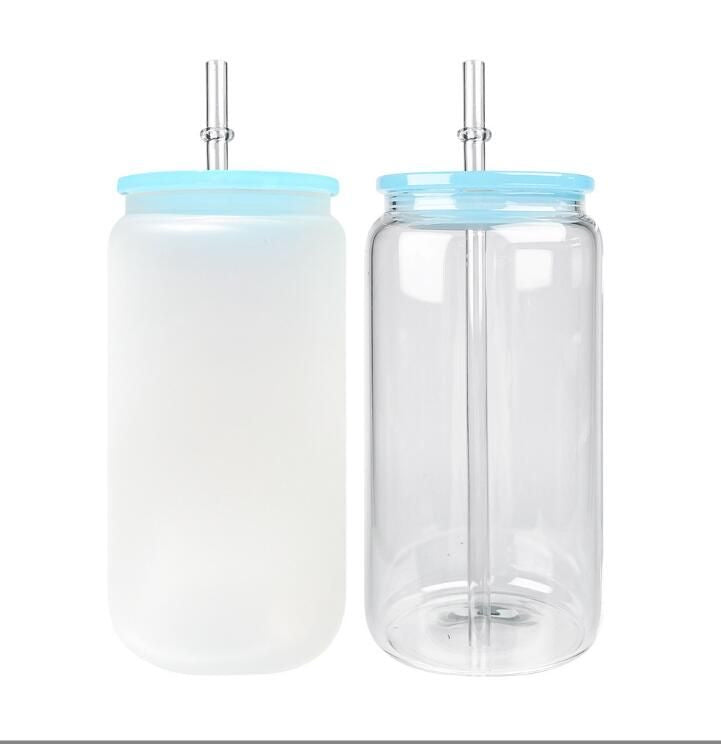 16oz Blank Sublimation Glass Can Jar with plastic Colored lid Tumbler (Clear or Frosted)