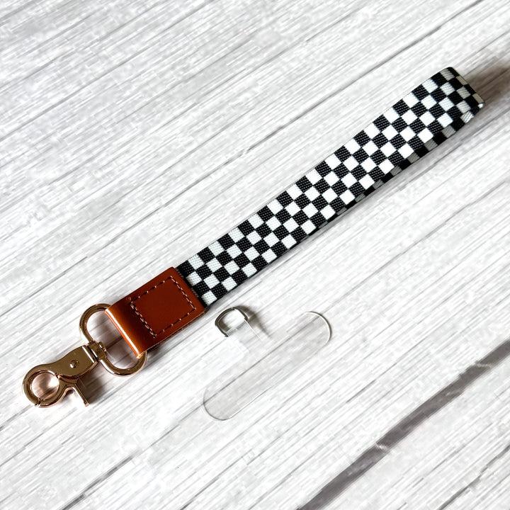 Phone Wrist Strap Keychain with Tether Tab - BLACK & WHITE CHECKERS