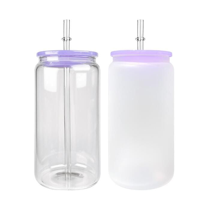 16oz Sublimation Blank Glass Can Jar with plastic Colored lid Tumbler (Clear or Frosted)