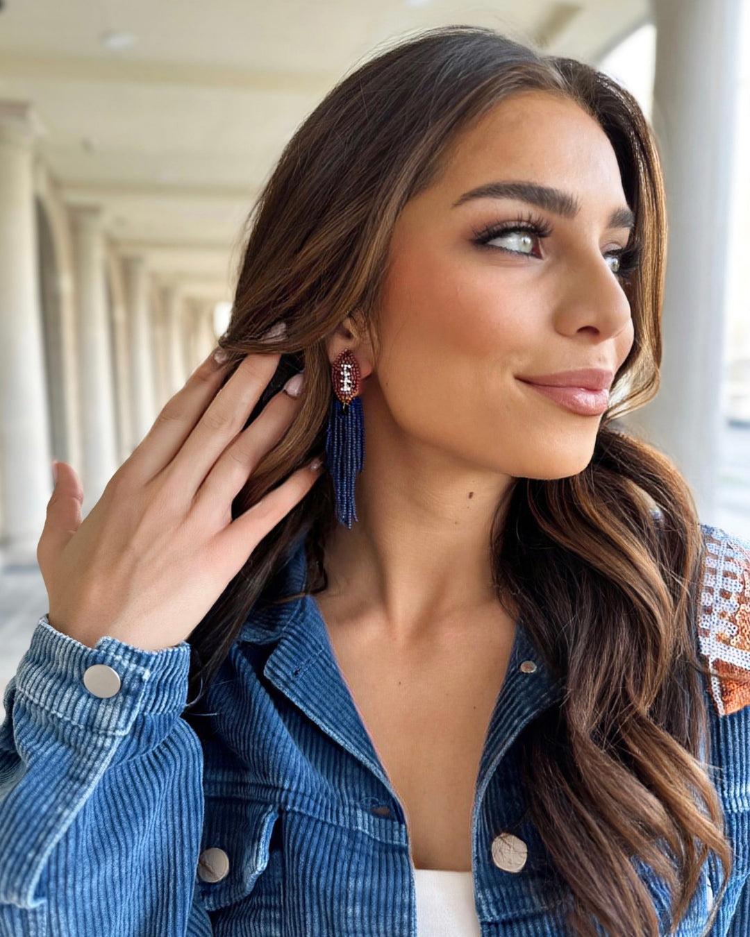 Navy Fringe Football Beaded Earring
