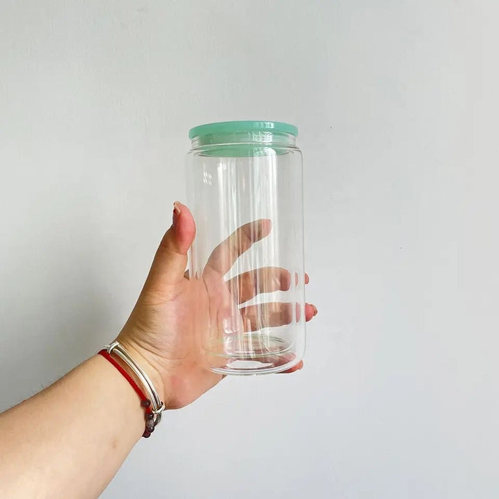 16oz Sublimation Blank Glass Can Jar with plastic Colored lid Tumbler (Clear or Frosted)