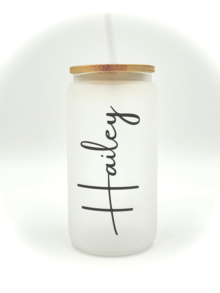 Personalized Name 16oz Sublimation Printed Glass Can Tumbler With Straw & Bamboo Lid