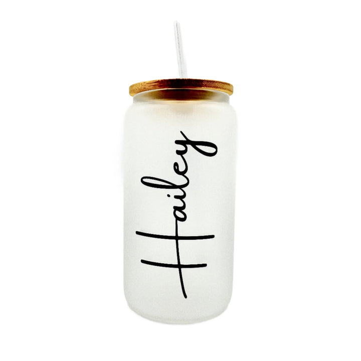 Personalized Name 16oz Sublimation Printed Glass Can Tumbler With Straw & Bamboo Lid