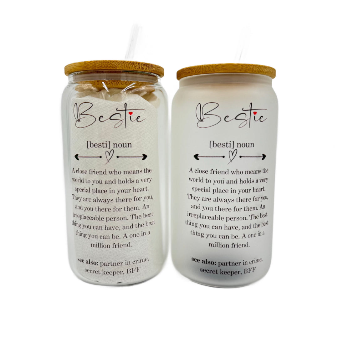 Bestie Friendship Best Friend 16oz Sublimation Printed Glass Can Tumbler With Straw & Bamboo Lid
