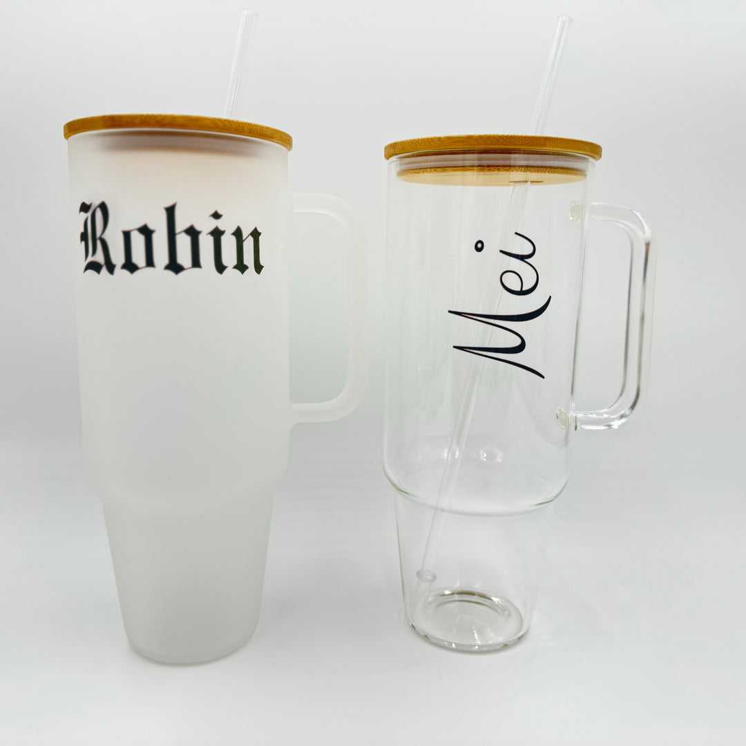 32oz or 40oz Personalized custom Sublimation Clear or Frost Glass Tumbler, Mug, Cup with Handle