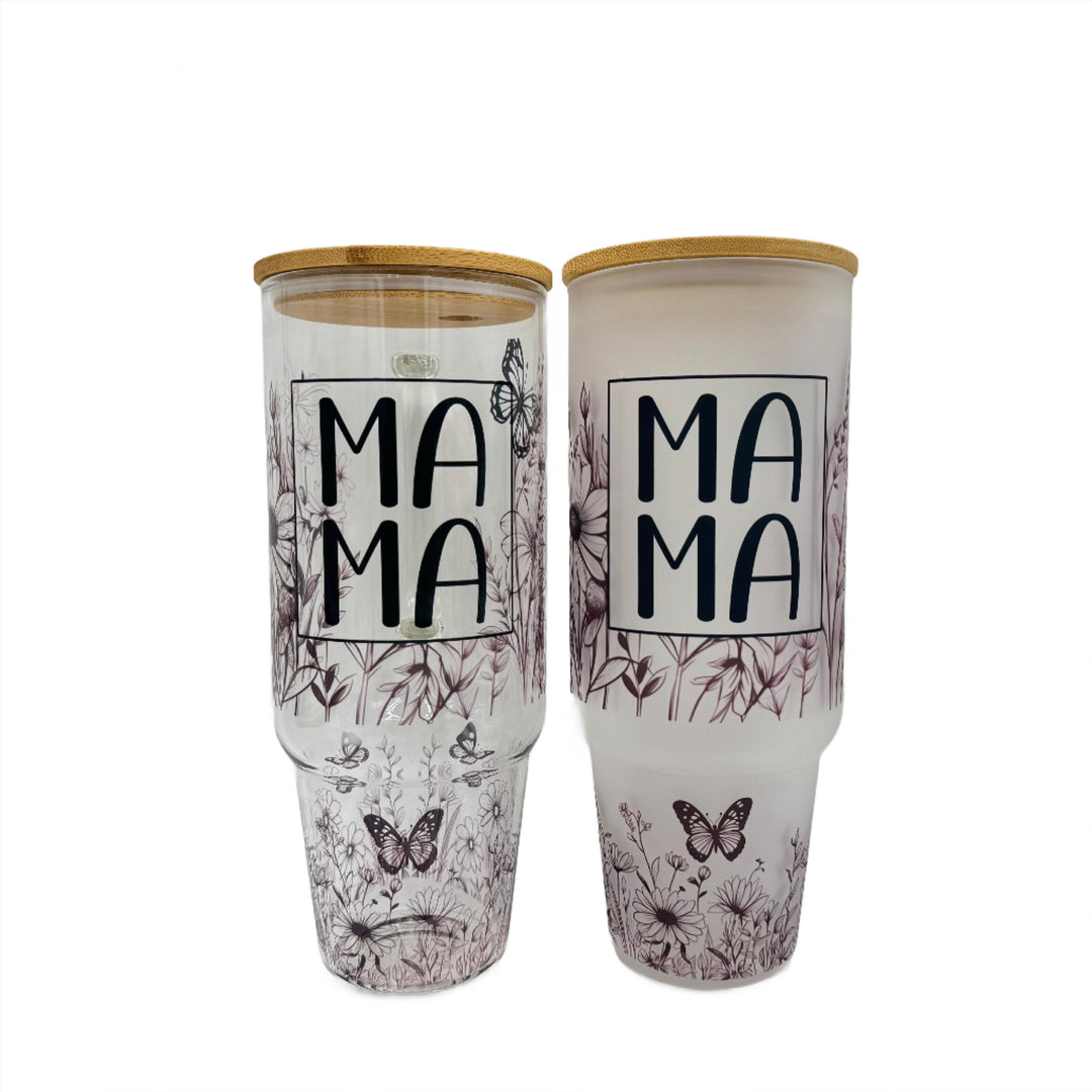 32oz or 40oz MAMA Flower custom Sublimation Printed Clear or Frost Glass Tumbler, Mug, Cup with Handle