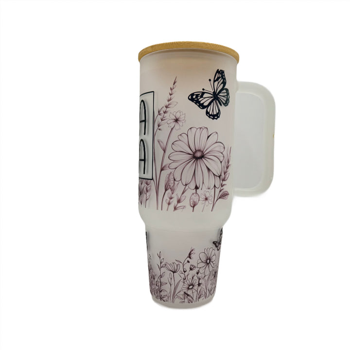 32oz or 40oz MAMA Flower custom Sublimation Printed Clear or Frost Glass Tumbler, Mug, Cup with Handle