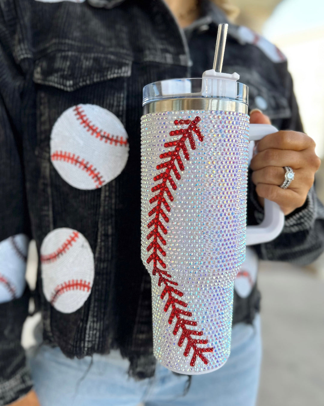 Crystal Baseball White/Red "Blinged Out" 40 Oz. Tumbler