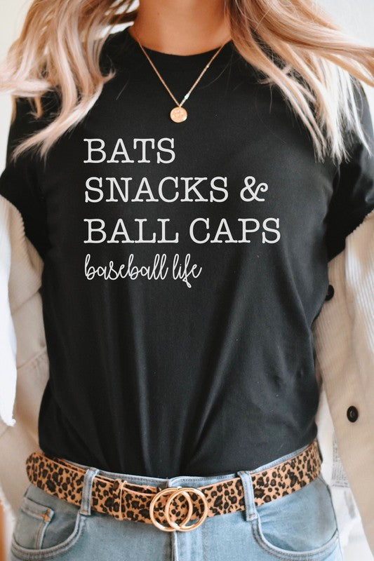 Bats Snacks and BallCaps Baseball Life Graphic Tee T-Shirt