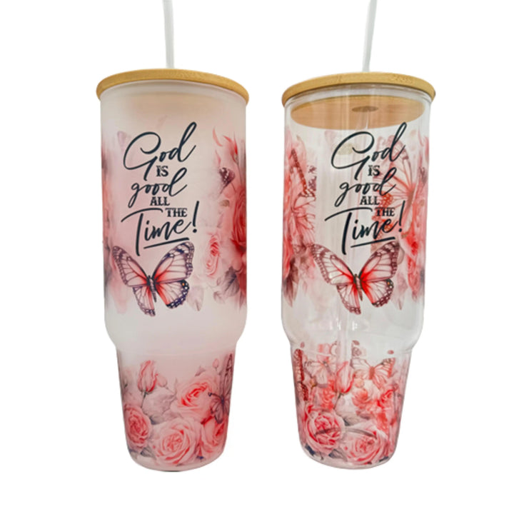 32oz or 40oz God Is Good All The Time custom Sublimation Printed Clear or Frost Glass Tumbler, Mug, Cup with Handle