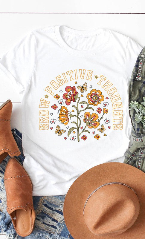 Retro Grow Positive Thoughts Floral Graphic Tee T-Shirt