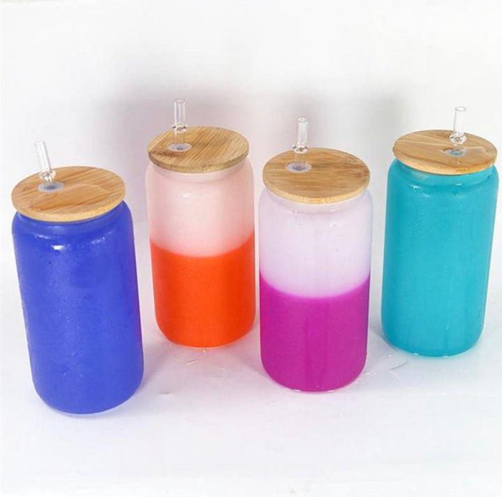 16oz Blank Sublimation color changing glass Jar Cans Tumblers (Includes Bamboo Lid & Straw)