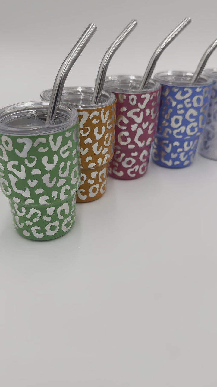 3oz Holographic laser etched cheetah Leopard shot glass Tumbler double insulated with stainless straw