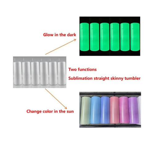 UV Color Changing & Glow In Dark  Combo sublimation Blank Stainless 20oz Straight Skinny Tumblers w Lid & Straw BPA Free