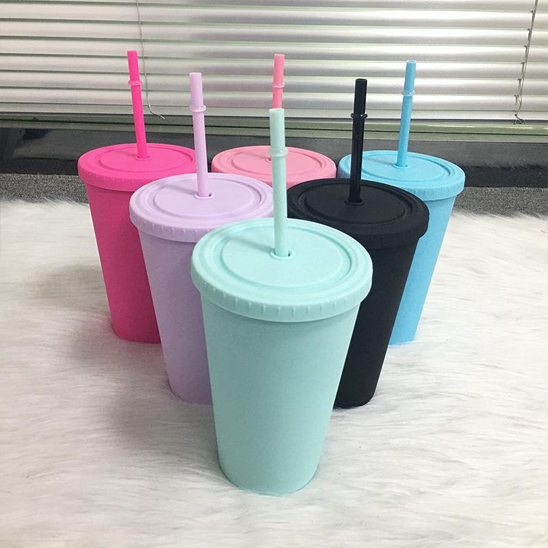 Pastel Cup Blank Cups Tumblers, 16 oz Matte Tumblers, Double Wall Acrylic Tumbler With Straw and Screw Lid BPA Free Pink, Blue, Purple, Mint