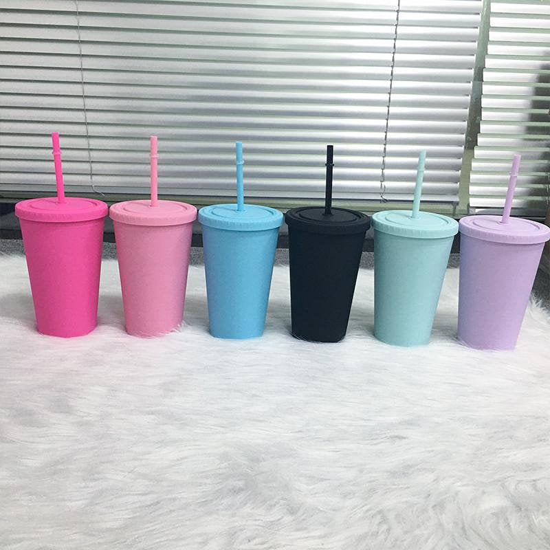 Pastel Cup Blank Cups Tumblers, 16 oz Matte Tumblers, Double Wall Acrylic Tumbler With Straw and Screw Lid BPA Free Pink, Blue, Purple, Mint