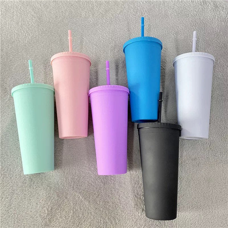 Summer Pastel Tapered Cup Blank Cups Tumblers, 24 oz Matte Tumblers, Double Wall Acrylic Tumbler With Straw and Screw Lid BPA Free