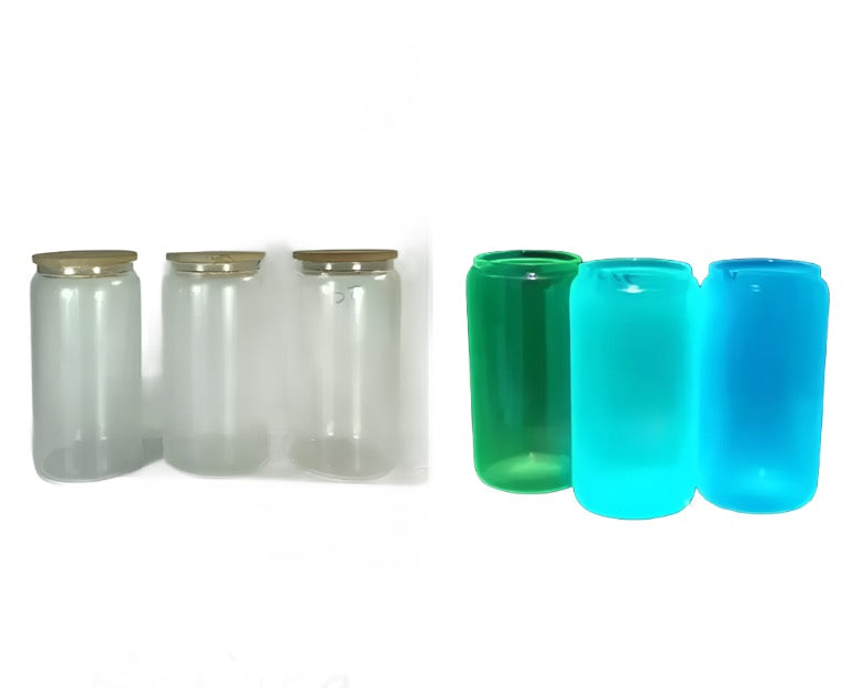 16oz Sublimation blank Glow In Dark iridescent Glitter glass Jar Cans Tumblers (Includes Bamboo Lid & Straw)