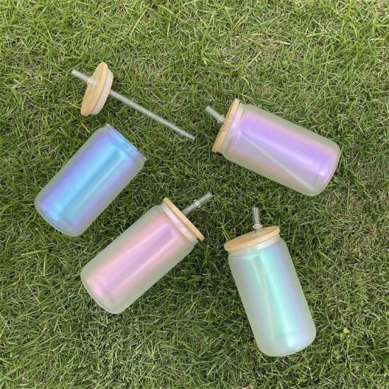 16oz Sublimation blank Holographic iridescent Glitter glass Jar Cans Tumblers (Includes Bamboo Lid & Straw)