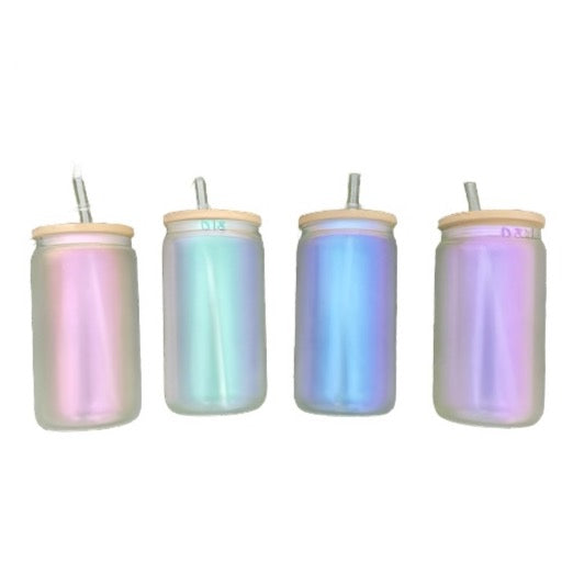 16oz Sublimation blank Holographic iridescent Glitter glass Jar Cans Tumblers (Includes Bamboo Lid & Straw)