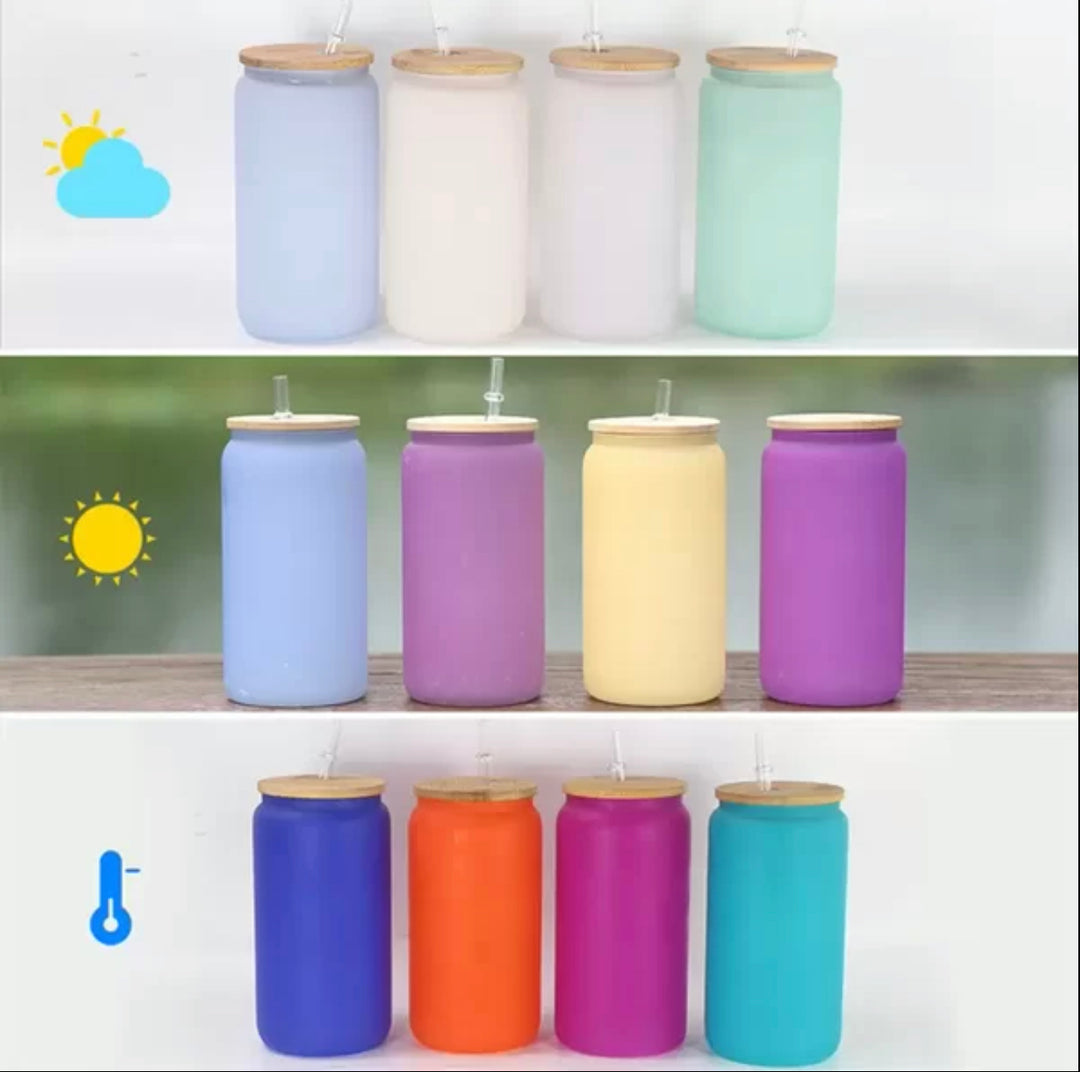 16oz Blank Sublimation color changing glass Jar Cans Tumblers (Includes Bamboo Lid & Straw)